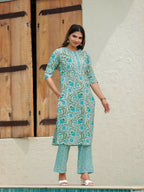 Aramya Straight Soft Cotton Floral Print Women's Kurta Set - Turquoise | Grocsy