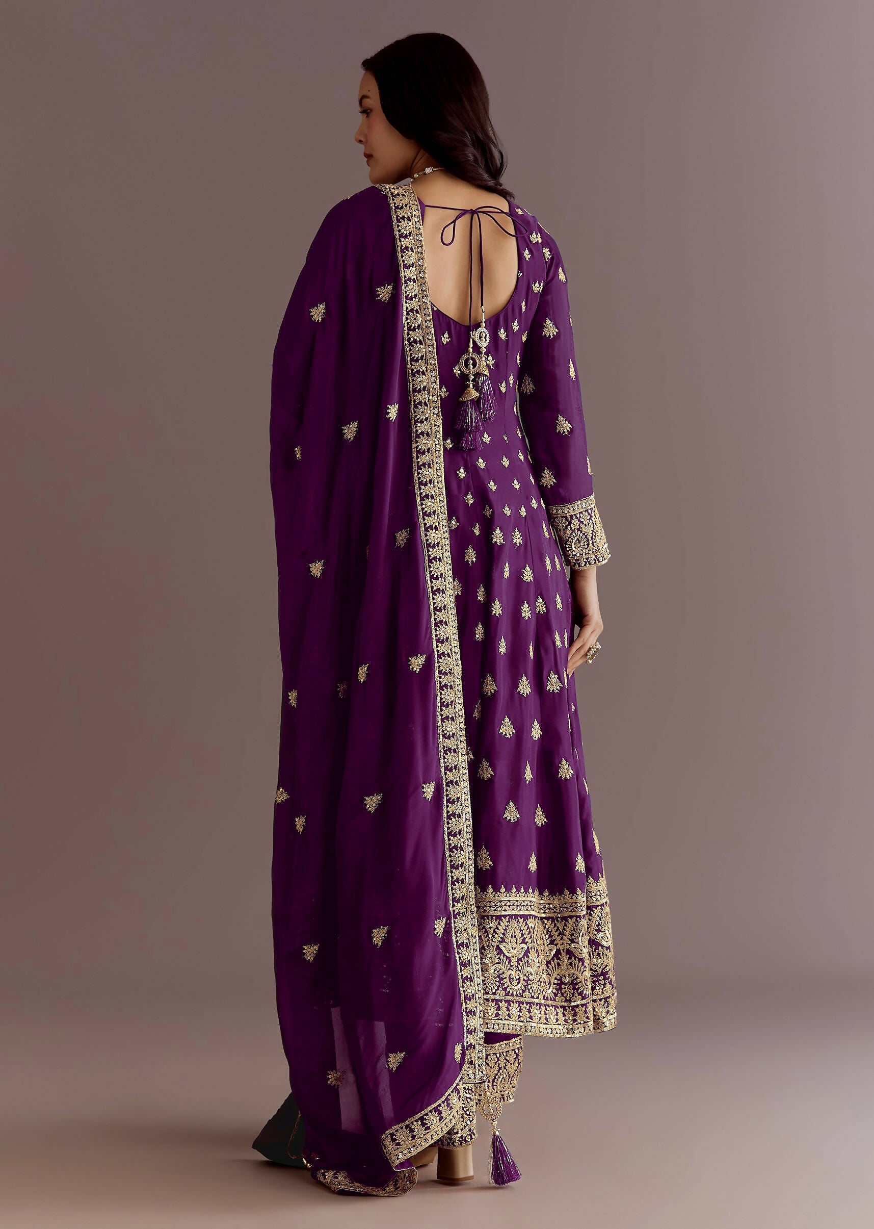 Teeya Creation Wine Color Chinon Silk Embroidery Work Wedding Wear Gown | Grocsy