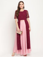 Ahalyaa Women Wine Crepe Glitter Print Dress | Grocsy