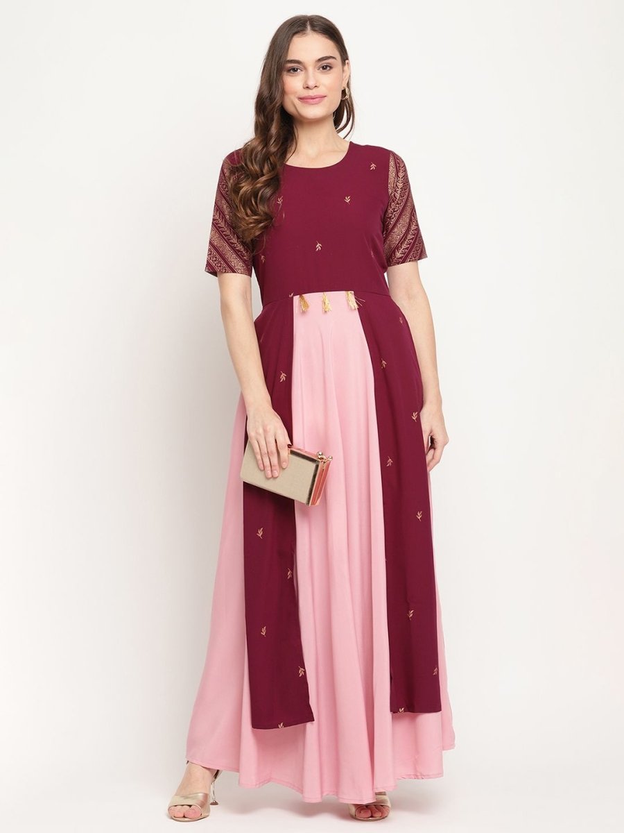 Ahalyaa Women Wine Crepe Glitter Print Dress | Grocsy