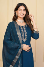 Blue Viscose Chanderi Embroidered Stitched Suit With Dupatta - Tanisha | Grocsy
