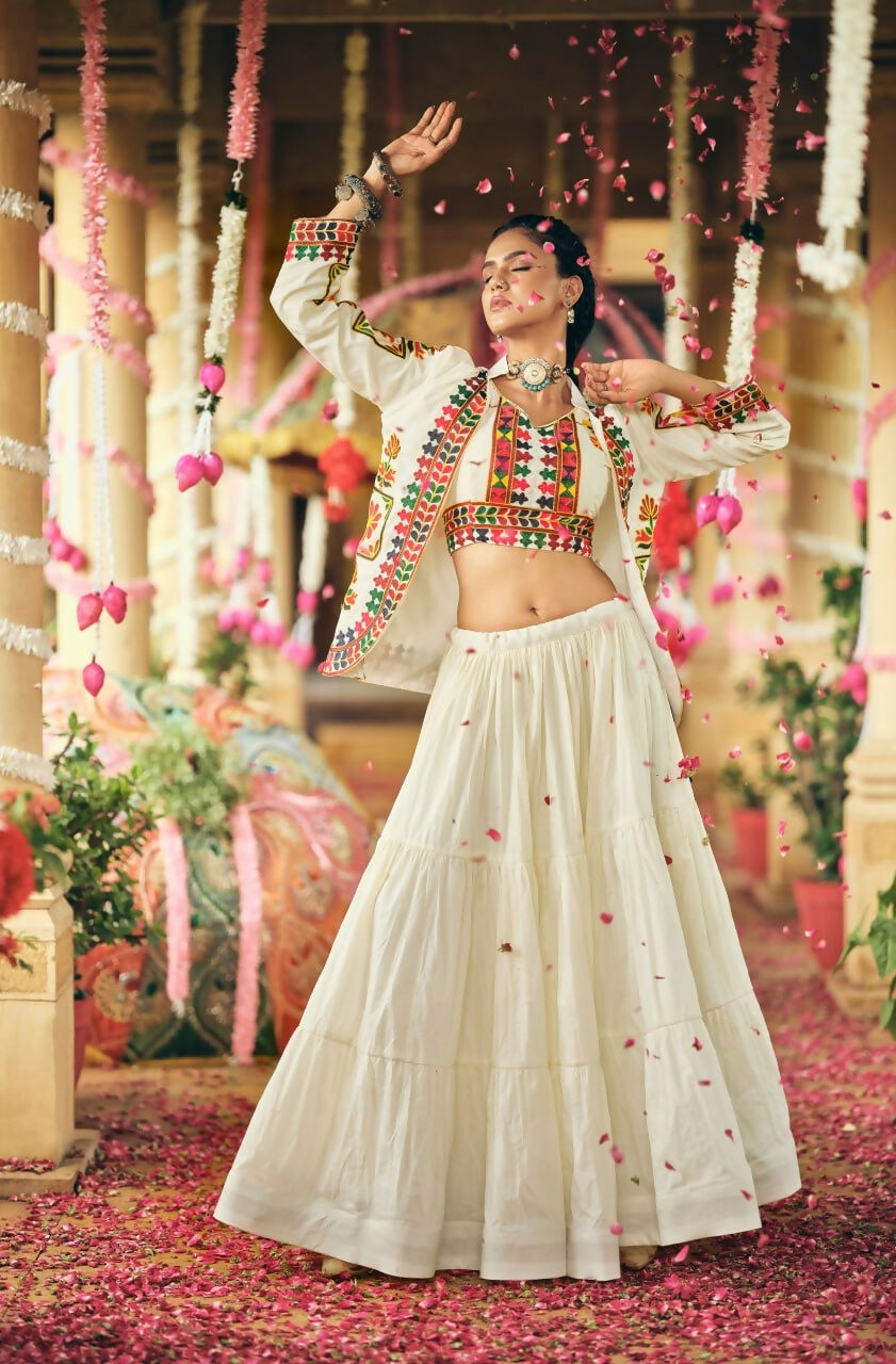 Teeya Creation Off White Colour Pure Cotton Embroidery Work Fully Stitched Navratry Lahenga | Grocsy