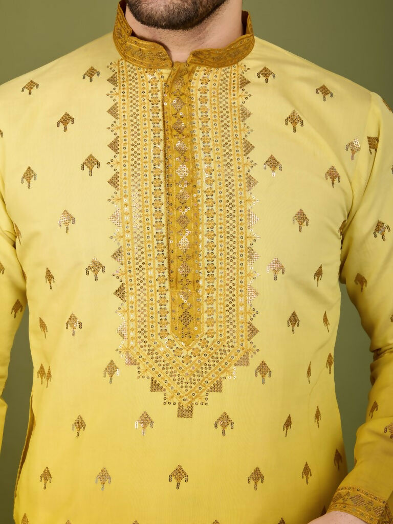 Vastranavya Ombre Yellow Premium Viscose Silk Thread & Sequence Embroidery work Kurta | Grocsy
