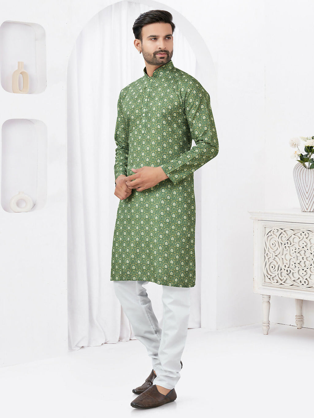 Joban Fashion Men's Rayon Cotton Green Printed Kurta Pyjama set | Grocsy
