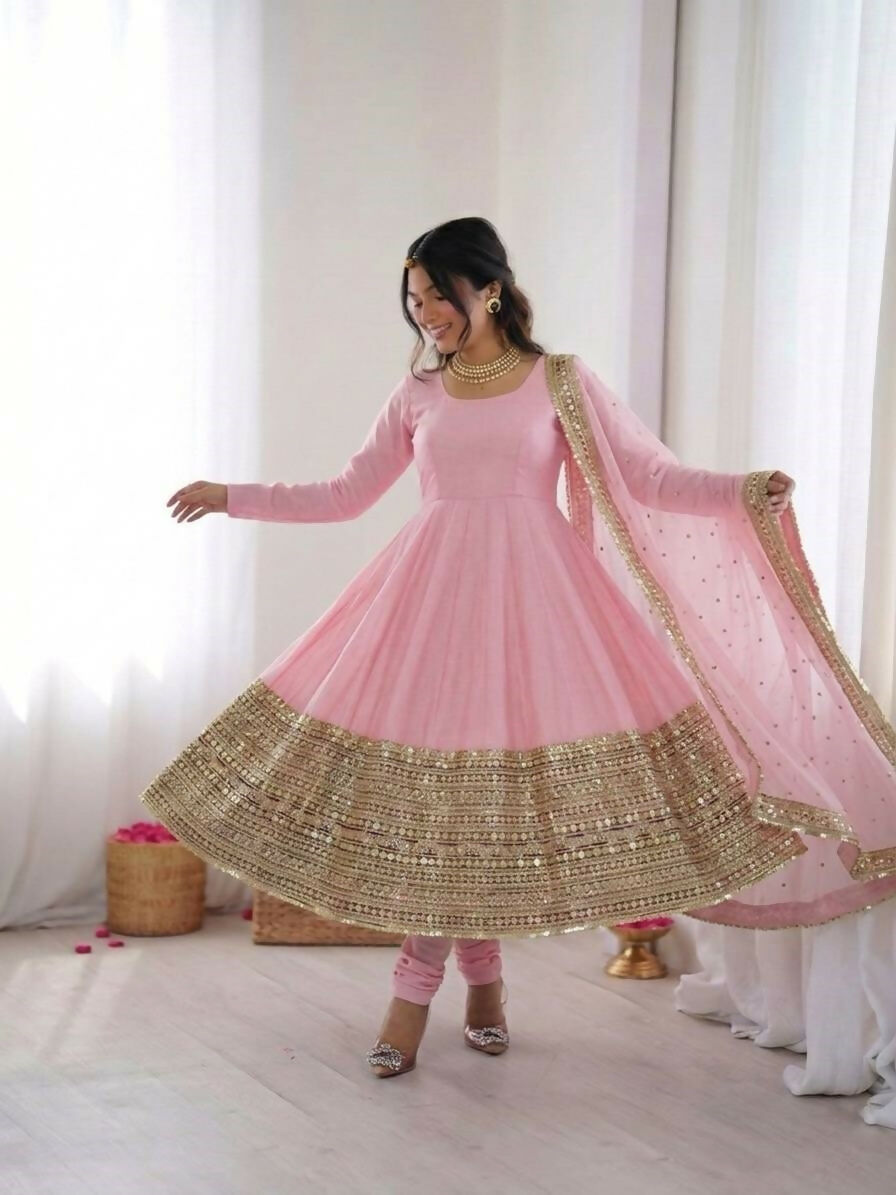 Teeya Creation Womens New Pastel Pink Solid Anarkali Kurta With Heavy Embroidered Border Gown Set | Grocsy