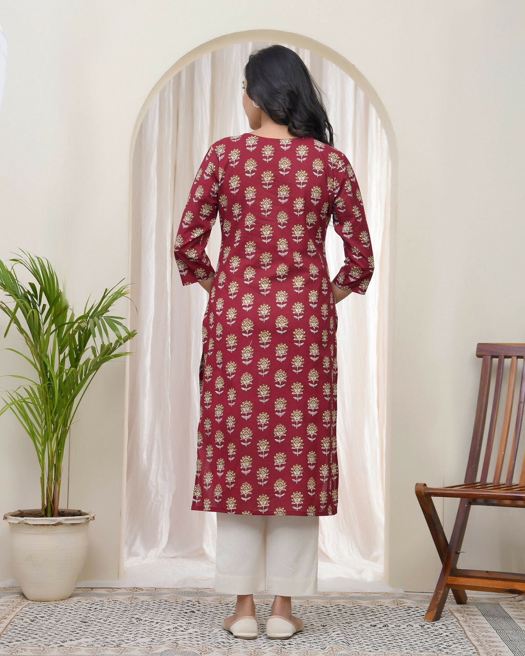 Vaasva Women Maroon Cotton Printed Straight Kurti With Pant | Grocsy