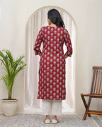 Vaasva Women Maroon Cotton Printed Straight Kurti With Pant | Grocsy