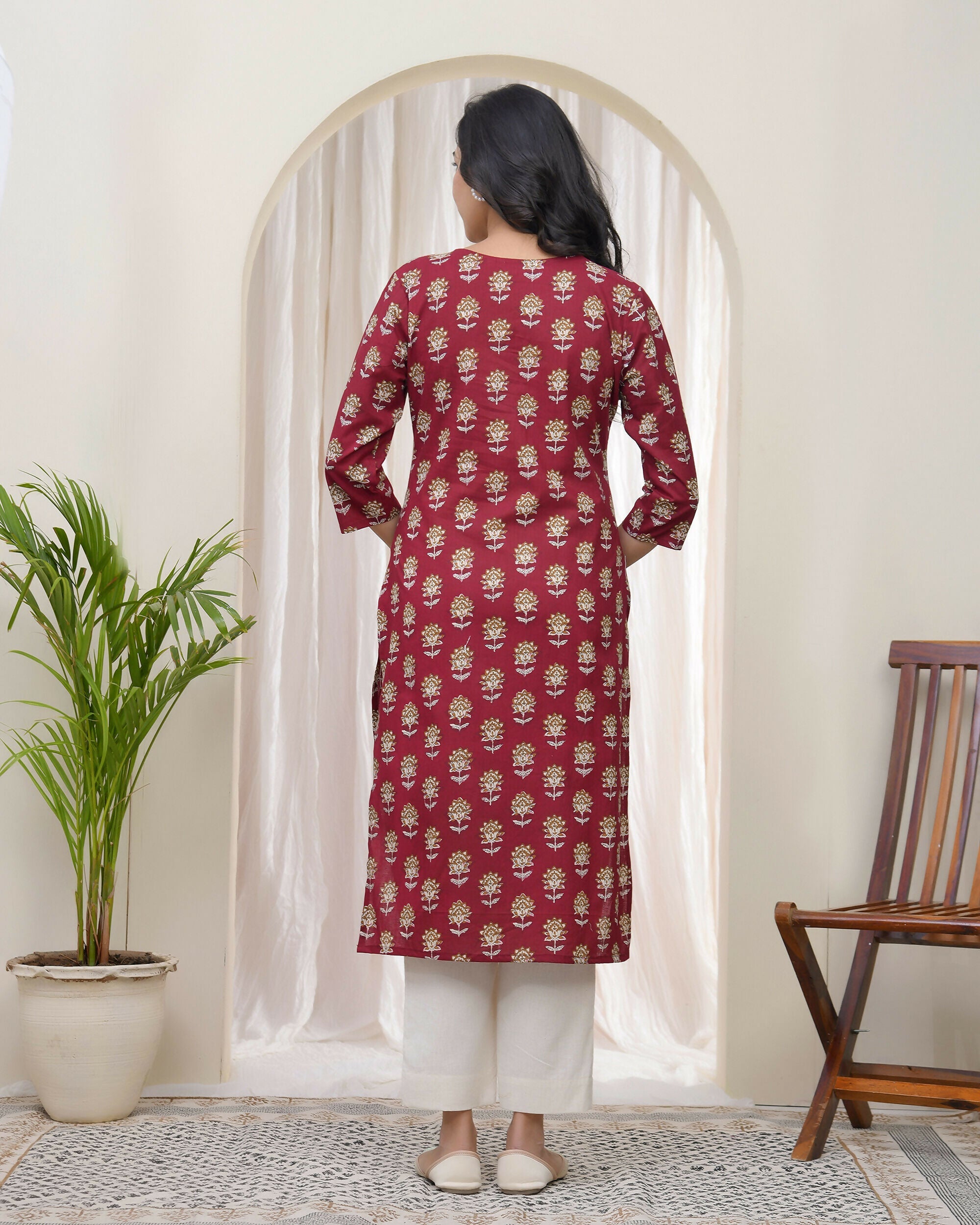 Vaasva Women Maroon Cotton Printed Straight Kurti With Pant | Grocsy