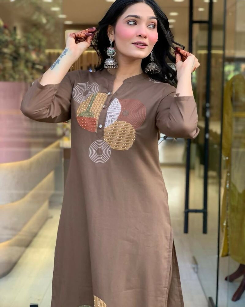 Teeya Creation Women Brown Geometric Embroidered Straight Kurta with Pants and Dupatta Set | Grocsy