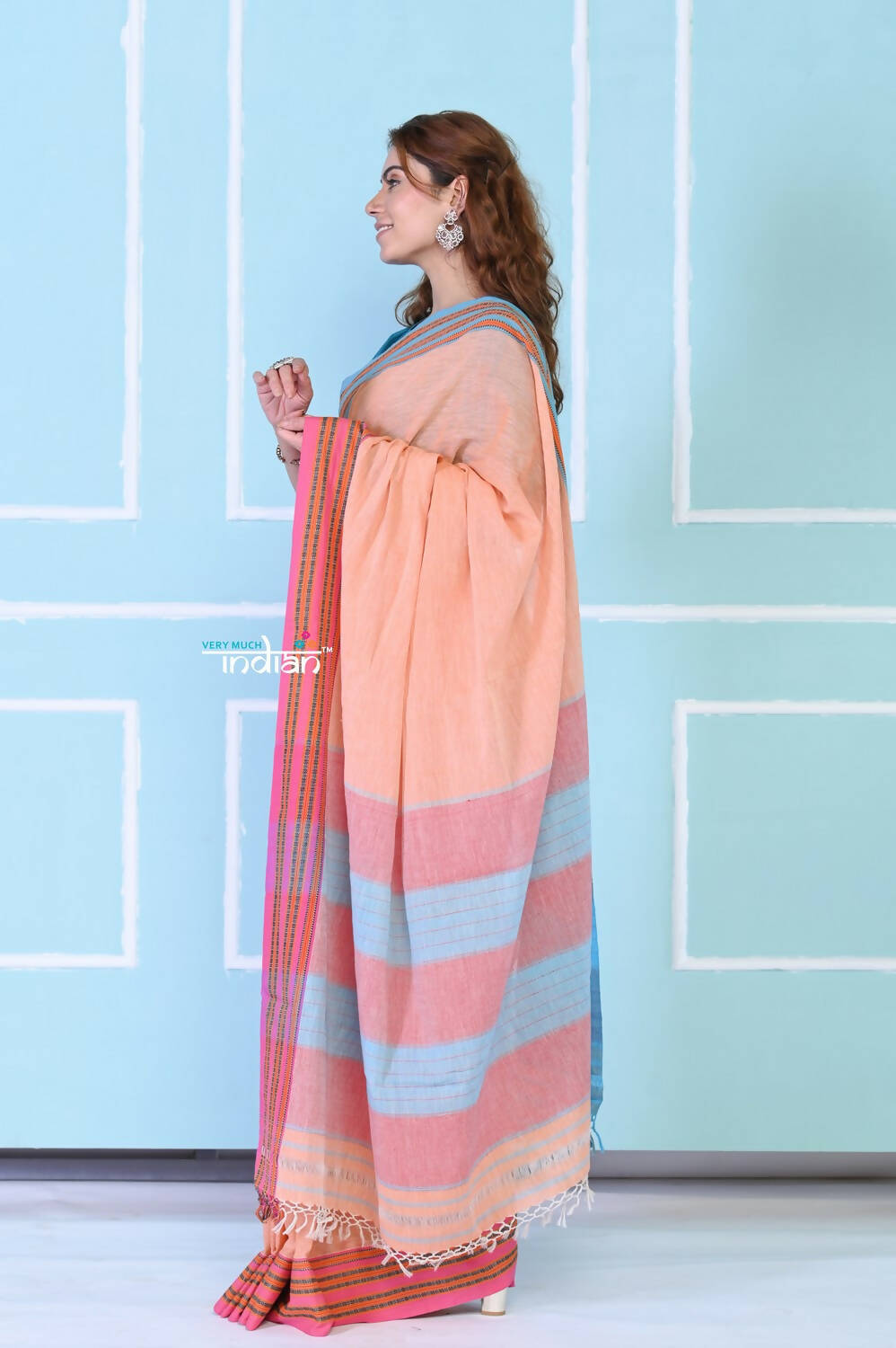 Very Much Indian Traditional Patteda Anchu Ilkal Handloom Saree - Peach Tone | Grocsy