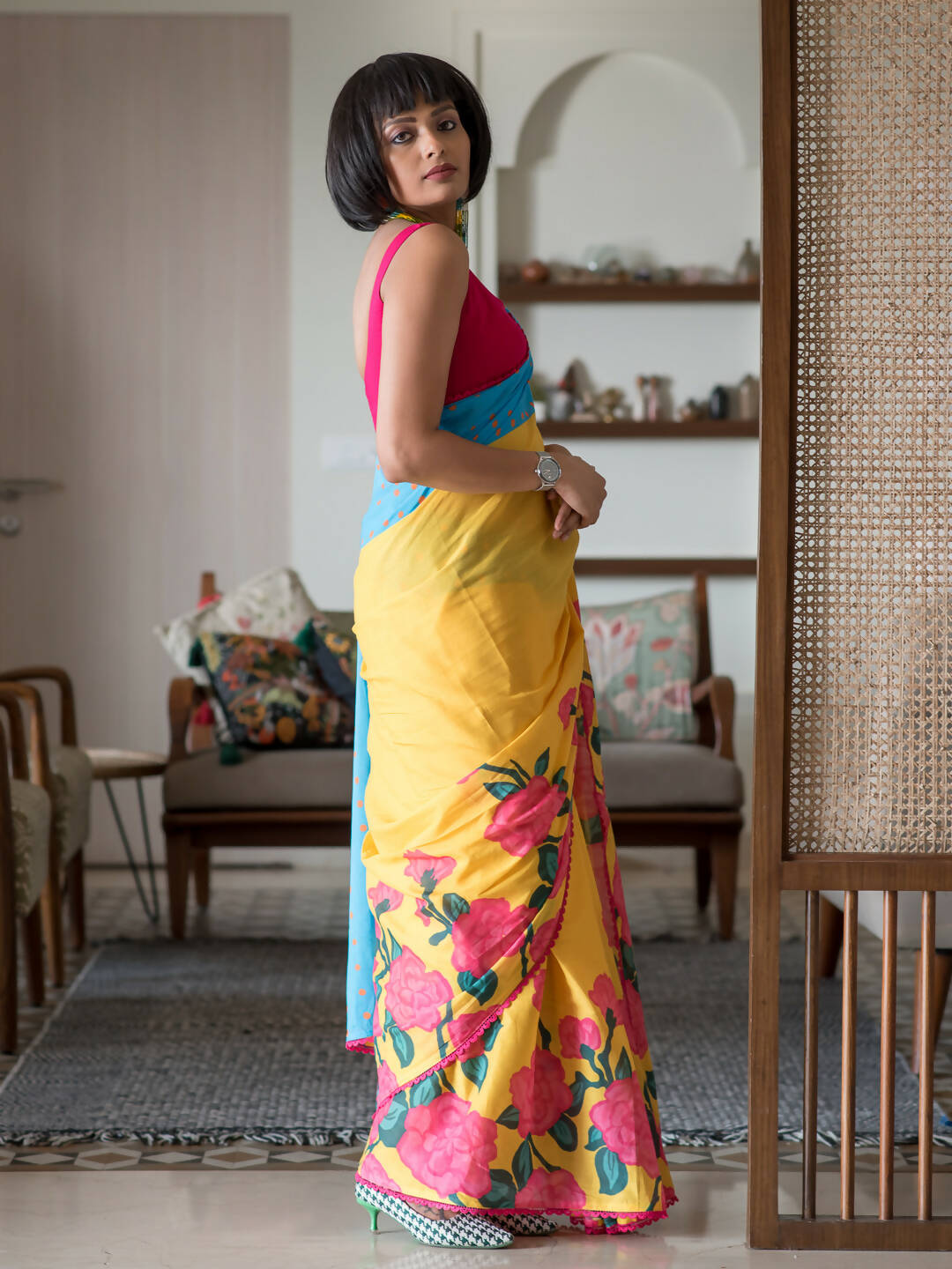 Suta Yellow Floral Pure Cotton Saree | Grocsy
