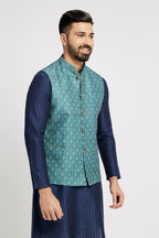 Ethnic India Indigo Blue Bundi Men's Jacket Geometric Polyester | Grocsy