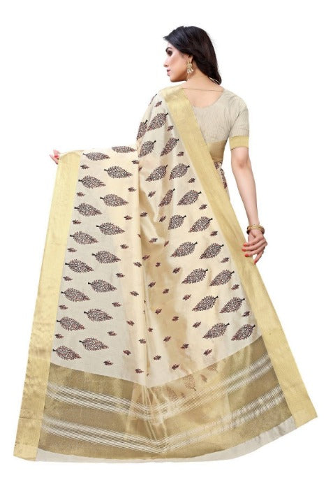 Vamika Cotton Polyester Silk Weaving Cream Saree (KERALA CRISMISTMAS) | Grocsy