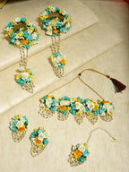 Flower Jewellery Gold-Polished Turquoise Blue Floral Jewellery Set - Ruby Raang | Grocsy