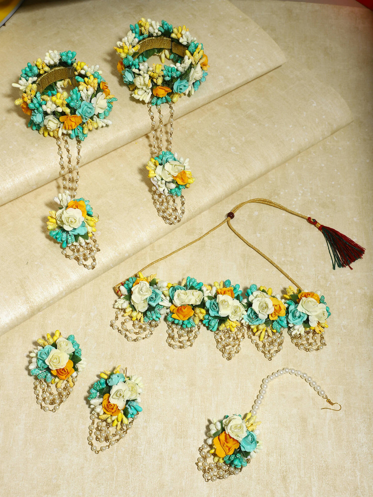 Flower Jewellery Gold-Polished Turquoise Blue Floral Jewellery Set - Ruby Raang | Grocsy