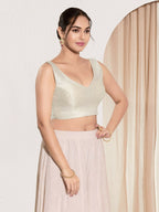 Joban Fashion Off White Mulberry Silk Padded Blouse With Round Neck Sleeveless | Grocsy