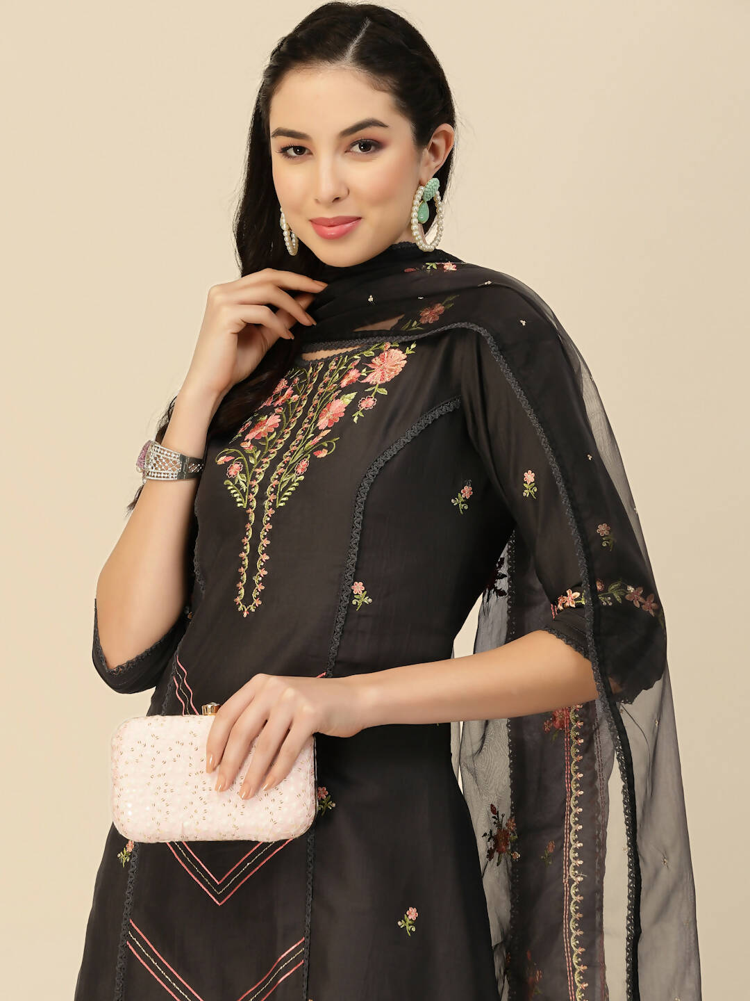 Black Embroidered Chinon Straight Kurta With Trouser & Dupatta - Salimar | Grocsy