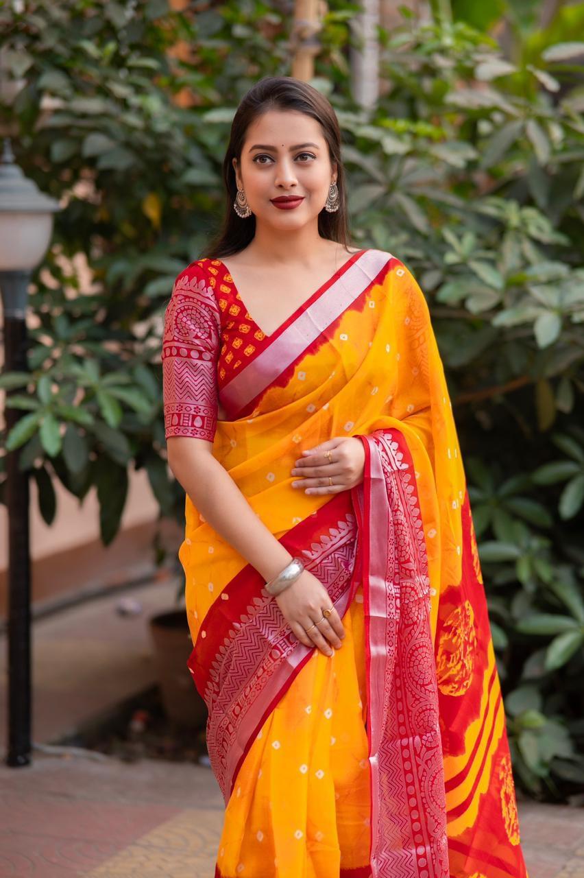 Orange Jute Silk Ethnic Motifs Saree with Unstitched Blouse - A2M | Grocsy