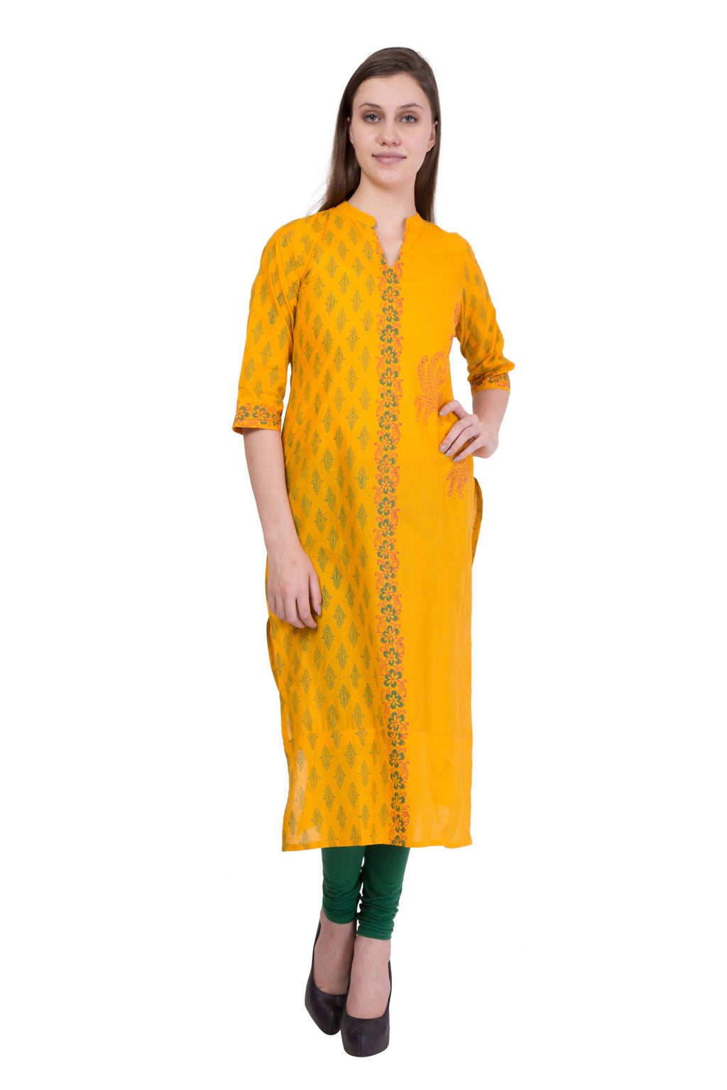 Cheera Hand Block Print Mustard Straight Kurta (MAAI-059K) | Grocsy
