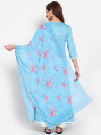 Myshka Women's Blue Printed Cotton Blend 3/4 Sleeve Square Neck Casual Anarkali Kurta Dupatta Set | Grocsy