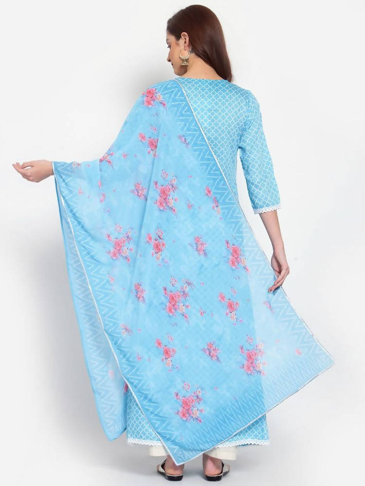 Myshka Women's Blue Printed Cotton Blend 3/4 Sleeve Square Neck Casual Anarkali Kurta Dupatta Set | Grocsy