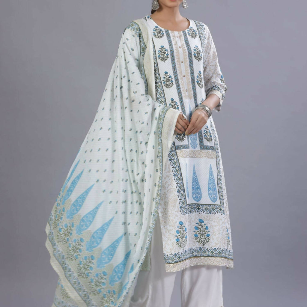 Juniper Women Blue Rayon Printed Kurta, Pants and Dupatta Set | Grocsy