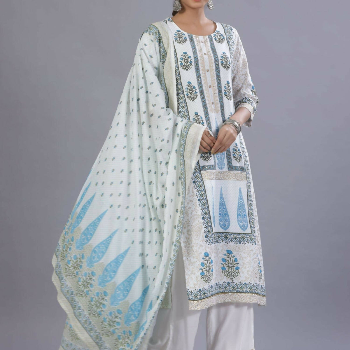 Juniper Women Blue Rayon Printed Kurta, Pants and Dupatta Set | Grocsy