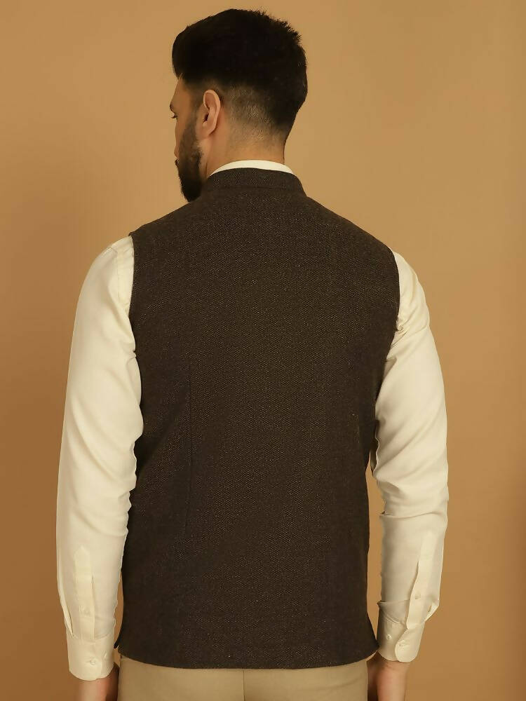 Even Apparels Pure Wool Nehru Jacket - Brown | Grocsy