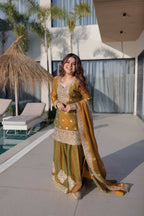 Teeya Creation Womens New Fendi Chiffon With Zari Sequins Coding Embroidered Work Kurta Set | Grocsy
