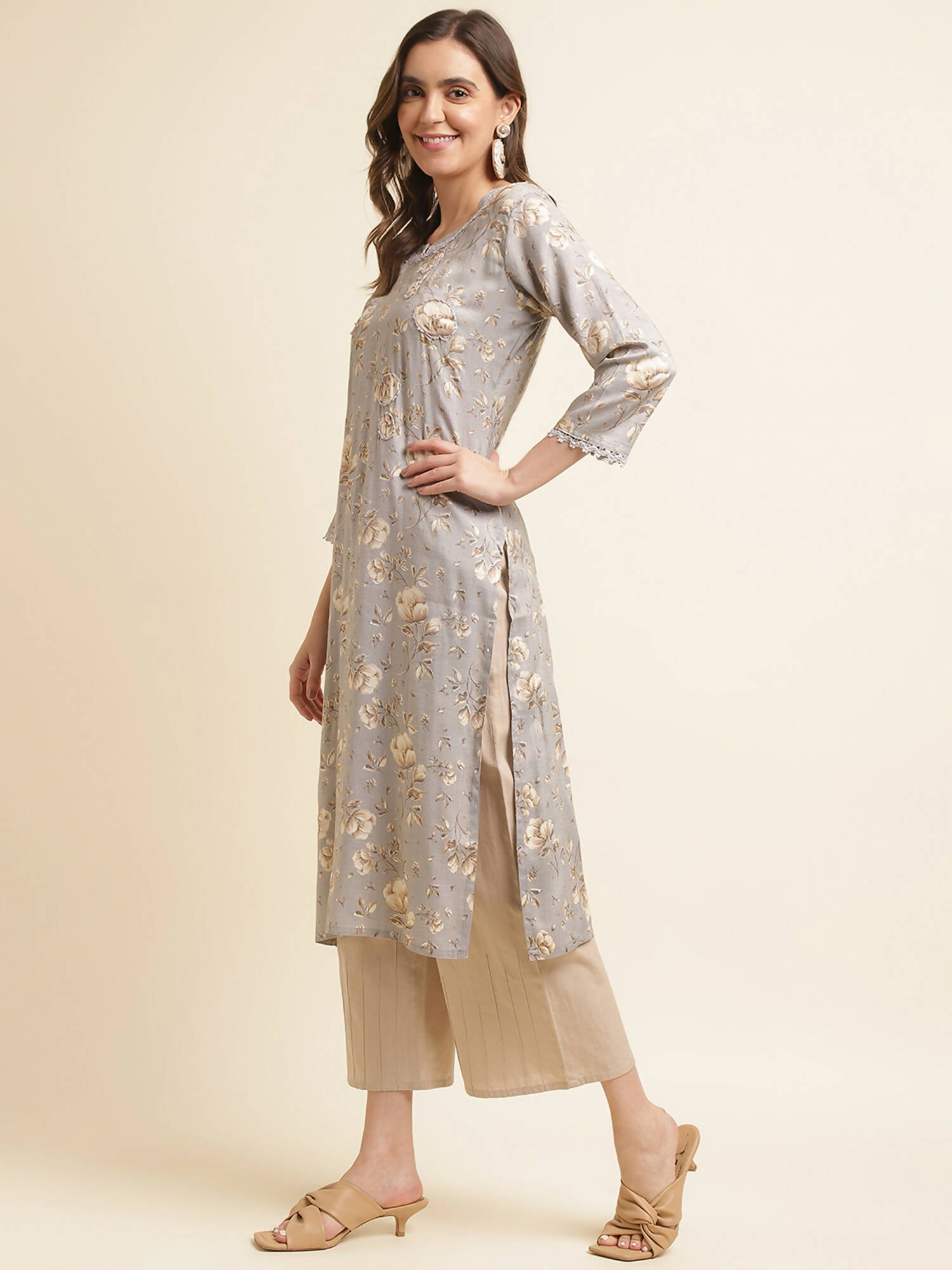 Grey Poly Rayon Floral Printed Straight Kurta - Prasuti | Grocsy
