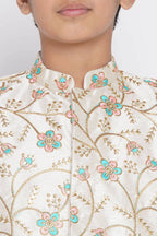 Little Bansi Banarsi Silk Pink Blue Floral Embroidery Jacket With Cotton Kantha kurta And Kantha Dhoti - Cream | Grocsy