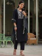 Juniper Women's Black Chinnon Solid Embroidered Kurta Set | Grocsy