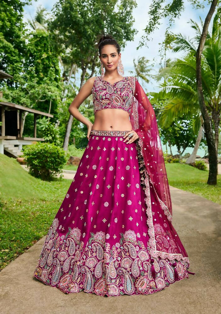 House of Panchhi Burgundy Satin Silk Sequins And Zarkan Embroidery Lehenga Choli & Dupatta | Grocsy