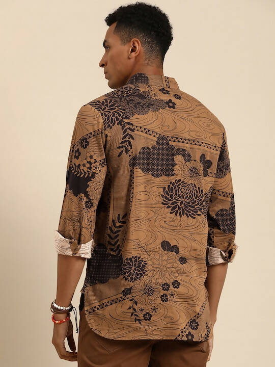 Brown Men Pure Cotton Relaxed Floral Opaque Printed Casual Shirt - Mahotsav | Grocsy