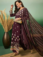 Wine Georgette Handwork Unstitched Dress Material - Hanika | Grocsy