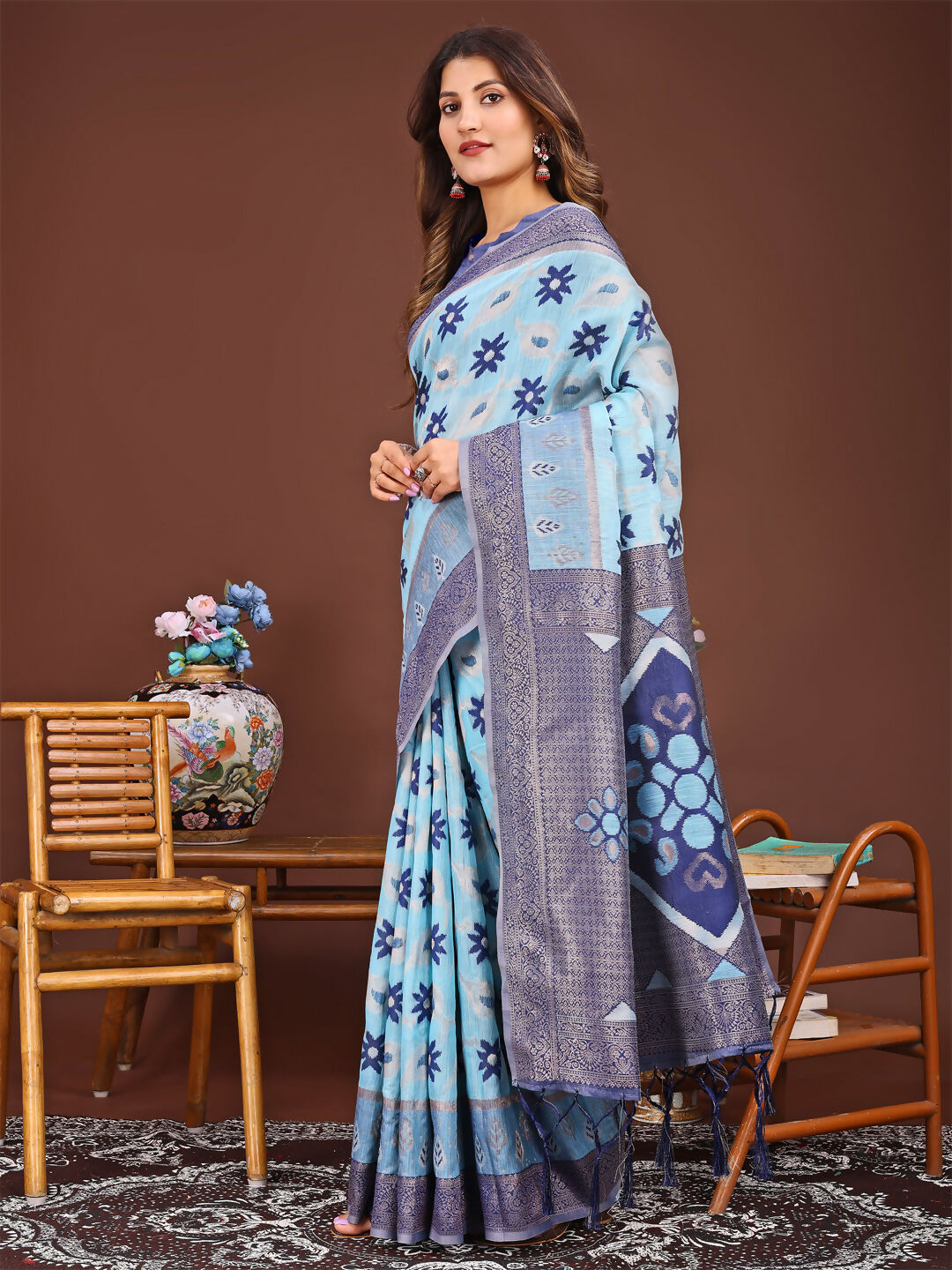 Shree Shyam Fashion Sajni Sky Blue Linen Cotton Saree | Grocsy