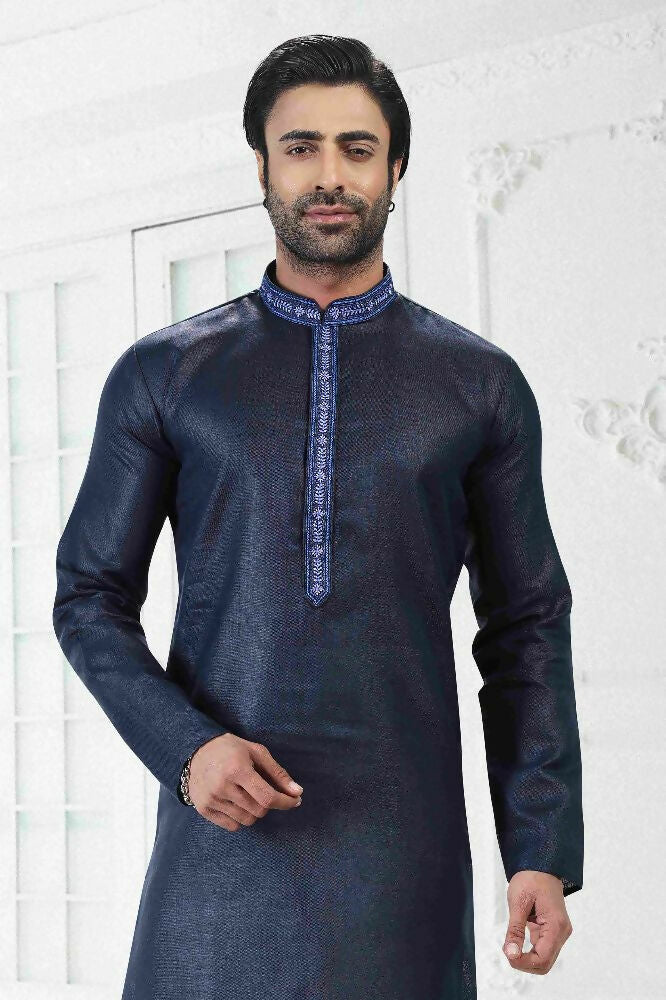 Raivat Ethnic Linen Cotton Thread Work Kurta Pajama In Blue Colour | Grocsy