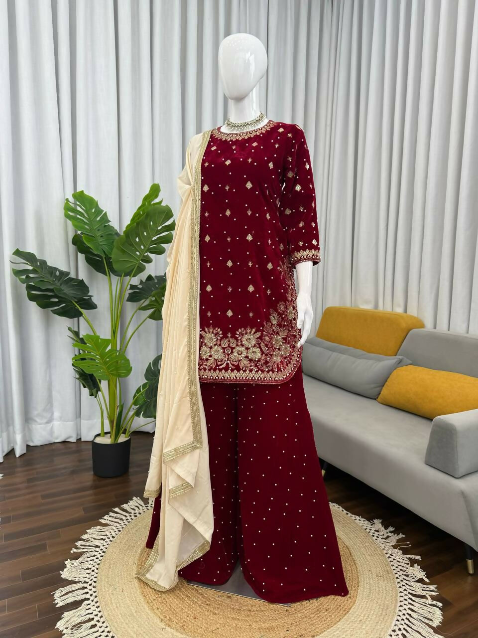 Vastranavya Maroon Viscose Velvet Intricate Thread & Sequence With Pearl Work Top Palazzo With Dupatta | Grocsy