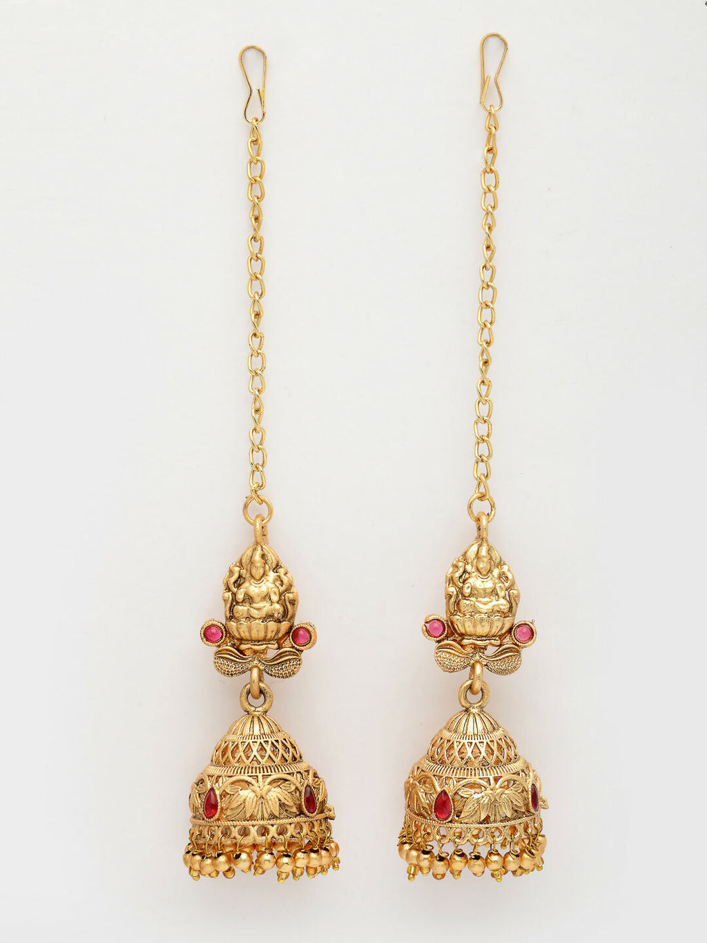NVR Women's Gold-Polished Pink Stone Studded Lakshmi Temple Jewellery Set | Grocsy