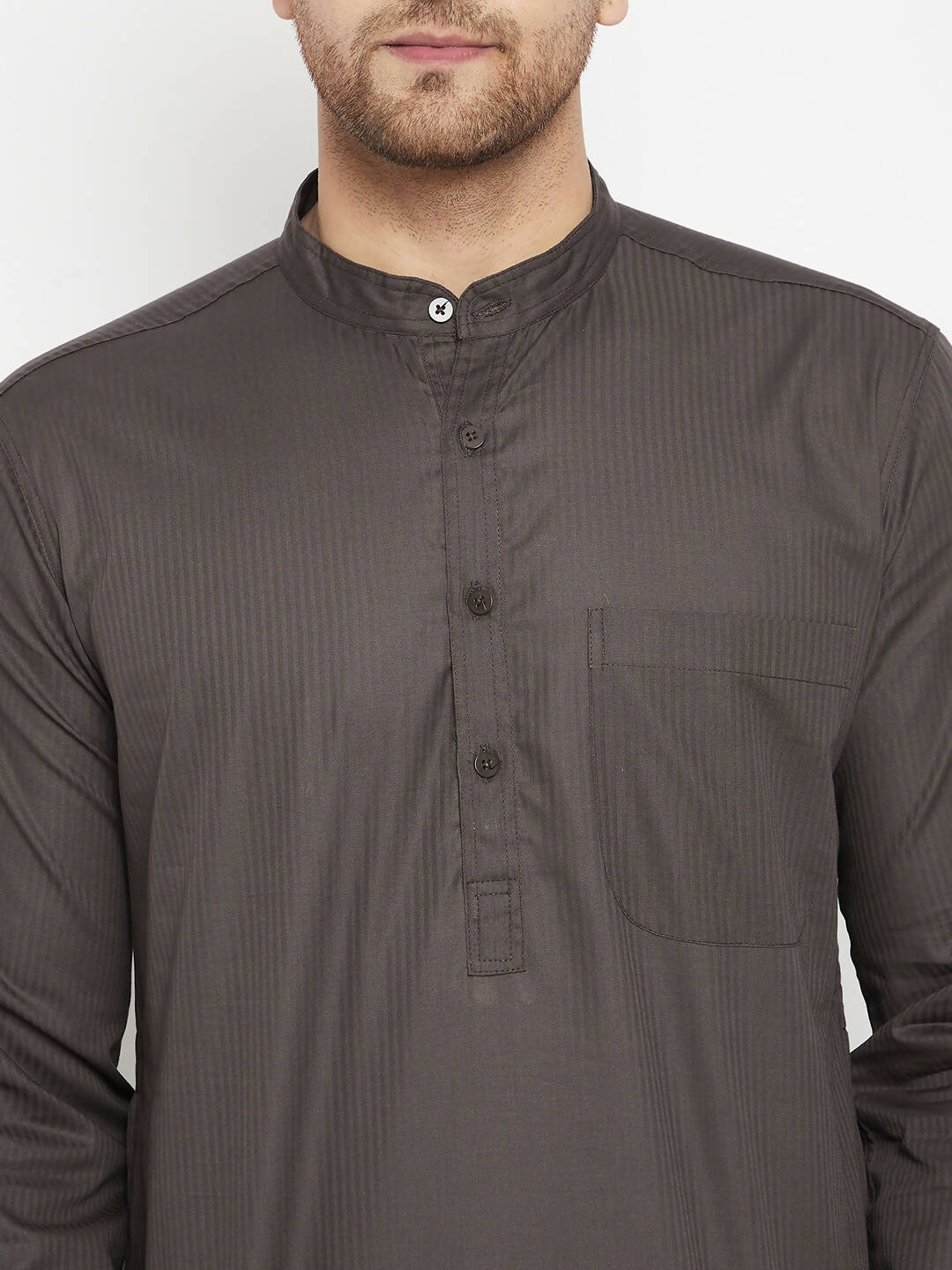 Even Apparels Brown Color Pure Cotton Long Men's Kurta With Band Collar | Grocsy