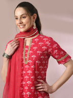 Myshka Women's Pink Printed Cotton Straight Party Kurta Set With Dupatta | Grocsy