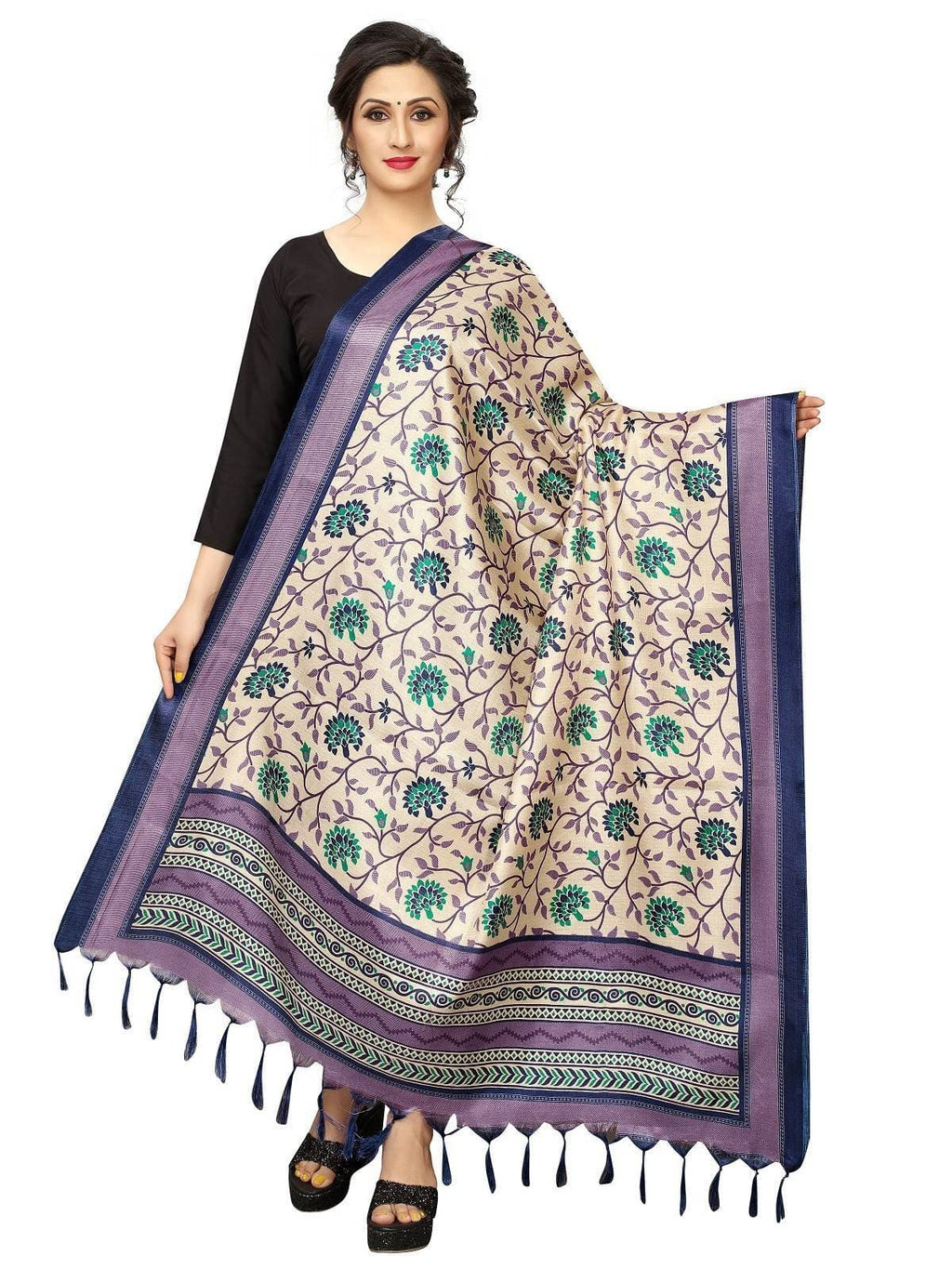 Vamika Beautiful Navy Blue Printed Khadi Bhagalpuri Dupatta | Grocsy