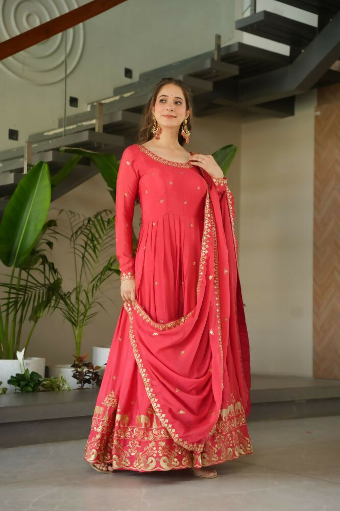 Vastranavya Gajri Chinnon with Embroidery Zari Sequins Work Gown | Grocsy