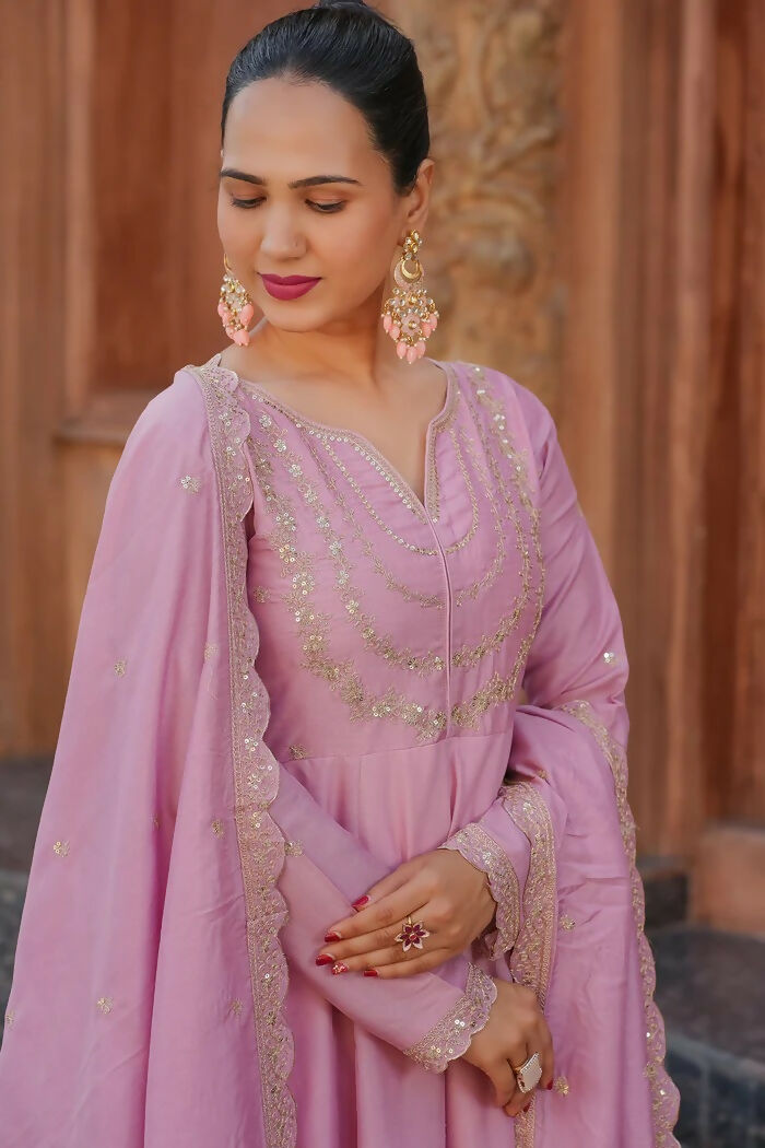 The52 Pink Women's Gorgeous Vichitra Silk Fabric Embroidered Work Flared Anarkali Pant and Dupatta Set | Grocsy
