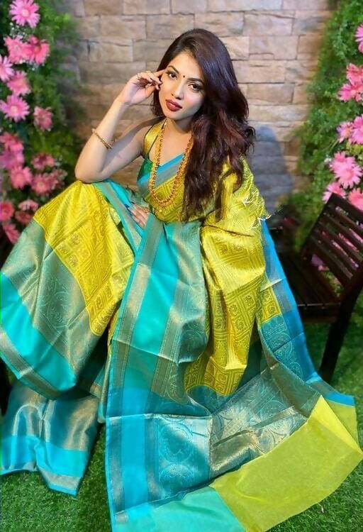 DEIANA'S Beautiful Designer Golden zari Soft Lichi Silk Saree - Yellow | Grocsy