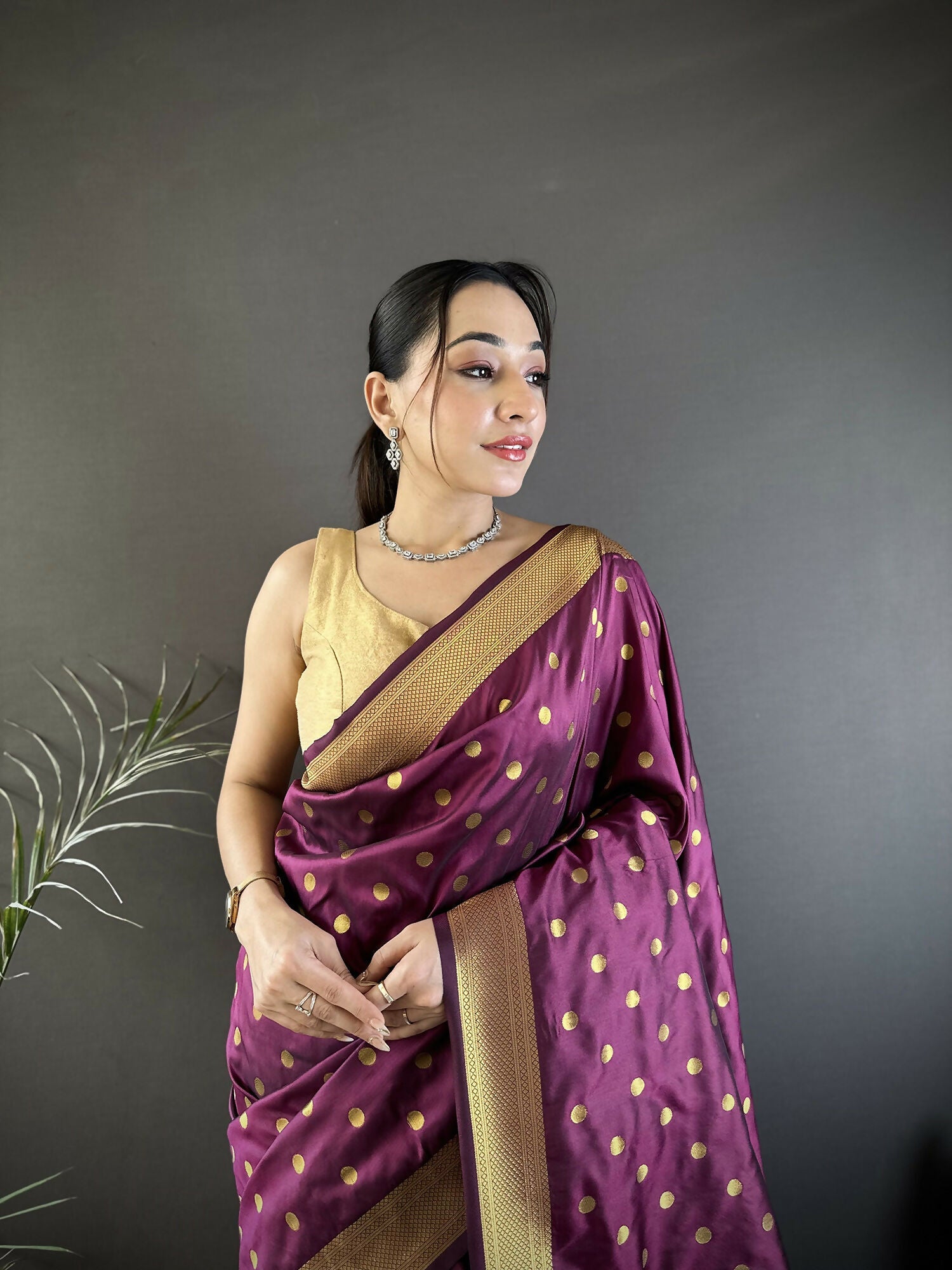 Joban Fashion Wine Polka Dot Lichi Silk Paithani Silk Saree | Grocsy
