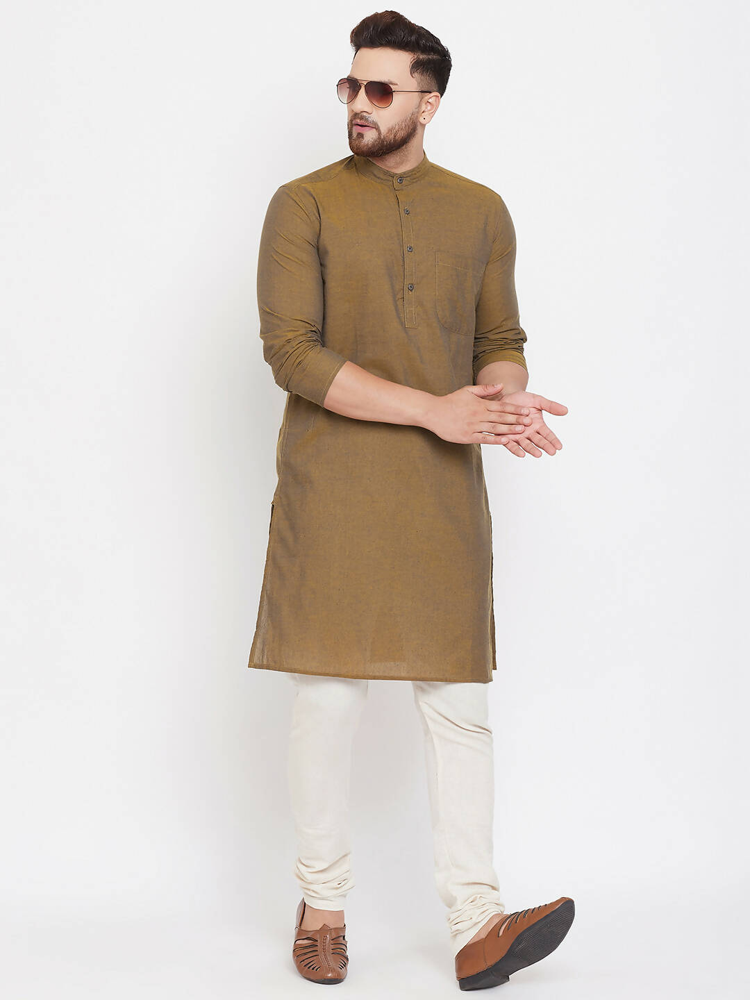Even Apparels Brown Pure Cotton Men's Kurta With Band Collar | Grocsy