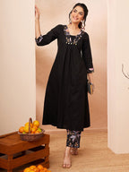 Janasya Black A-Line Cotton Kurta & Bottom | Grocsy