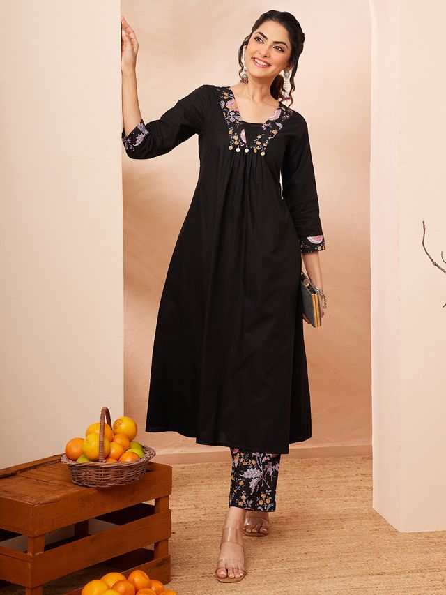Janasya Black A-Line Cotton Kurta & Bottom | Grocsy