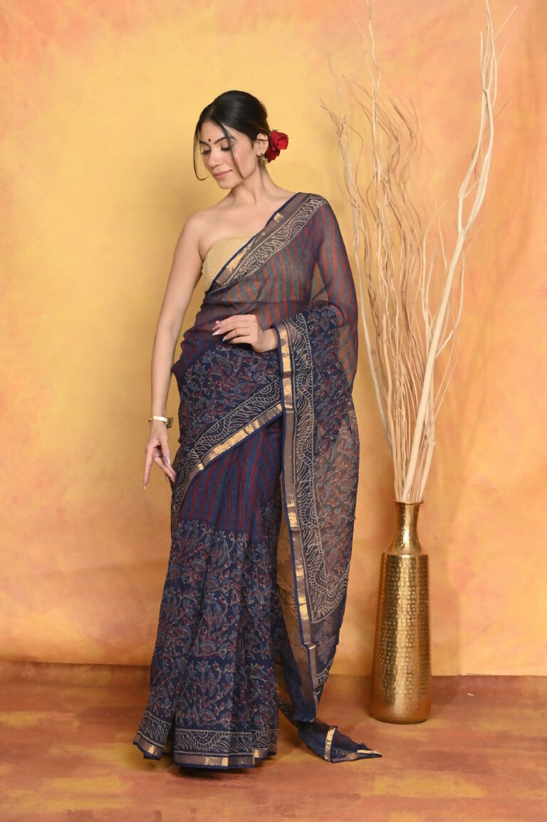 Very Much Indian Pure Kota Cotton Handblock Printed Saree - Dark Blue | Grocsy